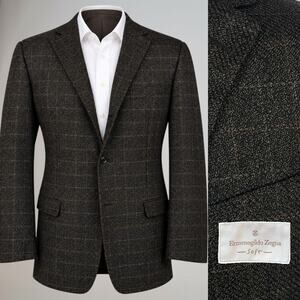 Ermenegildo Zegna 44L Wool Cashmere Luxury Sport Coat Espresso Brown Plaid